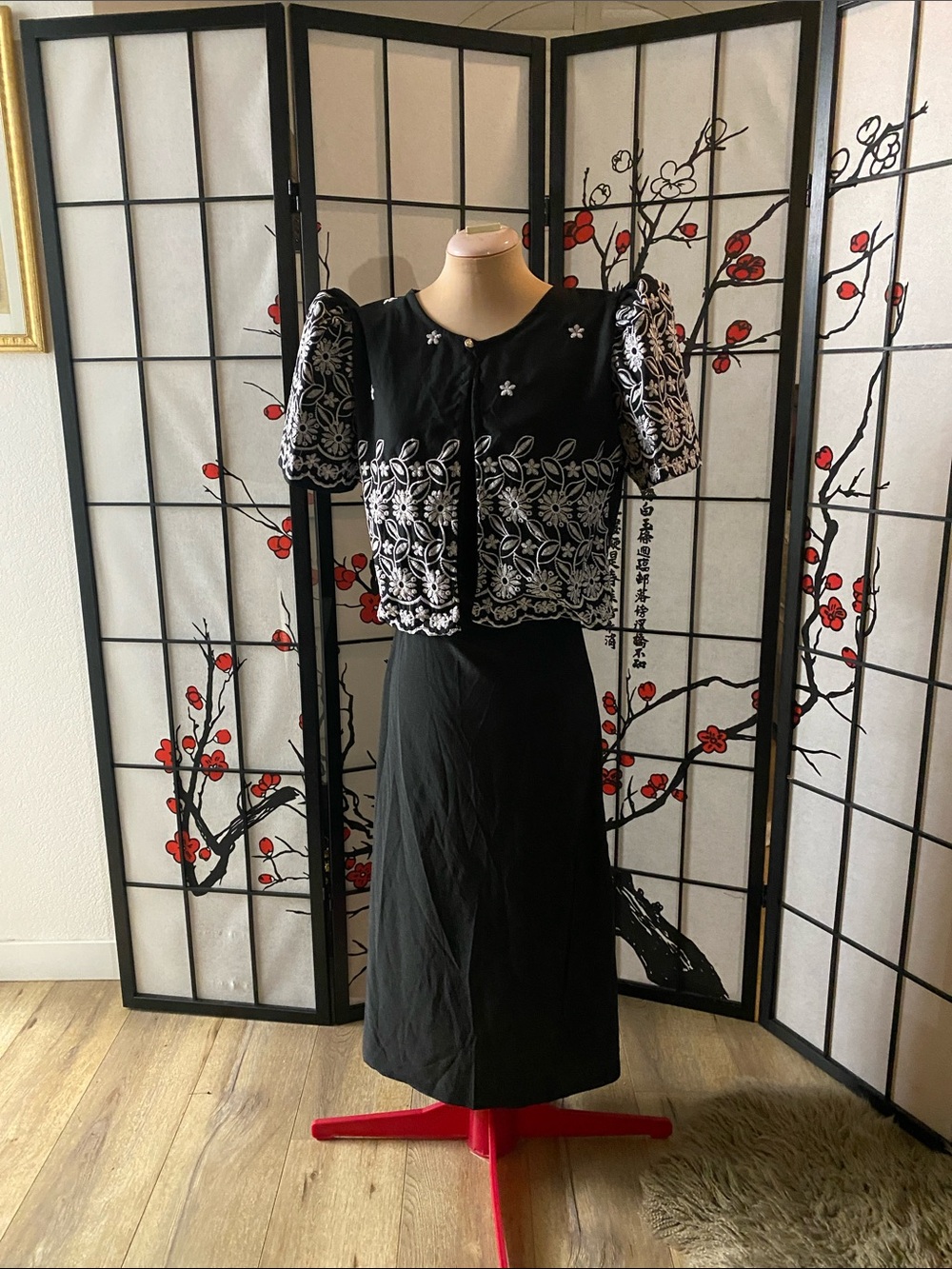 Black Midi Dress with Matching Embroidered Filipiniana Bolero Jacket